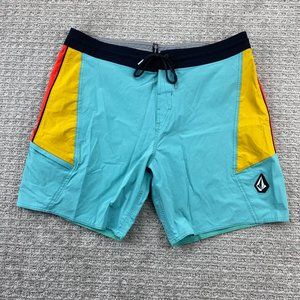 VOLCOM Swim Trunks Men 38 Teal Yellow Orange Bathing Suit Board Shorts Surfing
